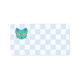 Kawaii Anime Kitty Cat Blue & White Checkerboard Etiket