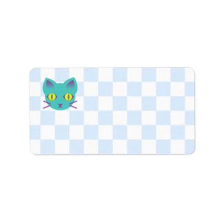 Kawaii Anime Kitty Cat Blue & White Checkerboard Etiket