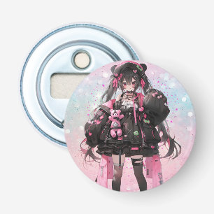 Kawaii Anime Meisje in Roze en Zwarte Jurk Button Flesopener