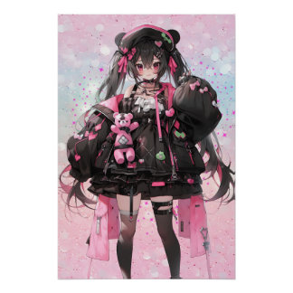 Kawaii Anime Meisje in Roze en Zwarte Jurk Perfect Poster