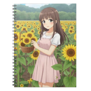 Kawaii Anime Meisje in Zonnebloem Tuin Notitieboek