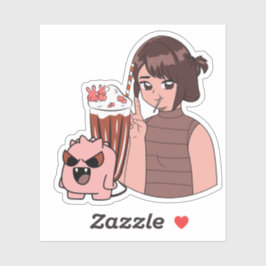 Kawaii Anime Meisje met Chocolade Milkshake & Roze Sticker