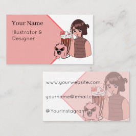 Kawaii Anime Meisje met Chocolade Milkshake & Roze Visitekaartje