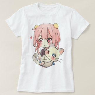 Kawaii Anime Meisje Met Knuffelkat T-shirt