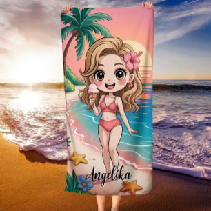 Kawaii Anime Meisje Tropische Zonsondergang Strand Strandlaken