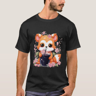 Kawaii Anime Red Panda Drink Boba Tea Bubble Cher T-shirt