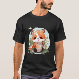 Kawaii Anime Red Panda Drink Boba Tea Bubble Cher T-shirt