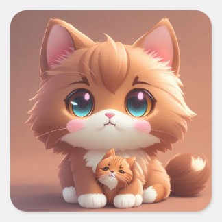 Kawaii Anime Sticker: Fancy bruine kattengeneugten Vierkante Sticker