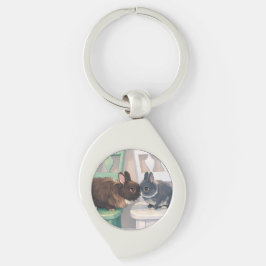 Kawaii Anime Two Bunnies Silver Metal Keychain