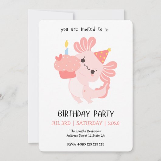 Kawaii Axolotl Birthday Party Invitation (Devant)