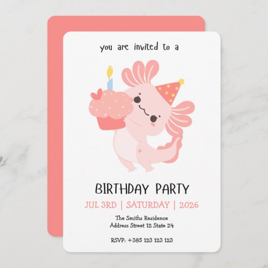 Kawaii Axolotl Birthday Party Invitation Kaart (Voorkant / Achterkant)