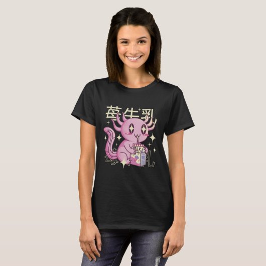 Kawaii Axolotl en aardbeienmelk T-shirt (Voorkant volledig)