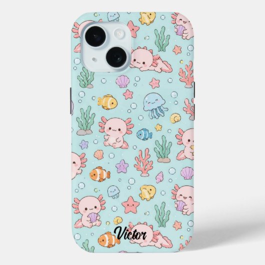 Kawaii Axolotl Ocean Pattern Phone Case (Achterkant)