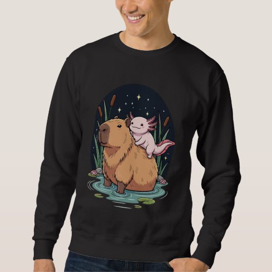 Kawaii Axolotl Riding Capybara Starry Nights Outdo Trui (Voorkant)