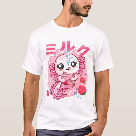 Kawaii Axolotl Strawberry Milk Shake Carton Japane T-shirt (Voorkant)