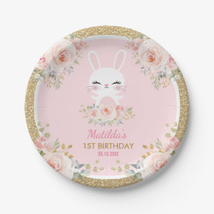 Kawaii Baby Bunny / Roze Floral konbit Birthday Papieren Bordje
