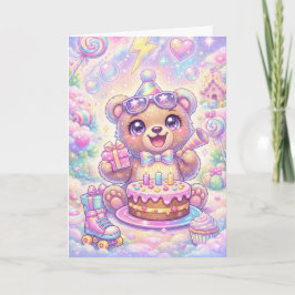 Kawaii Bear Birthday Pastel Rainbow Roller Skate Kaart