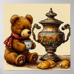 Kawaii Beer Drinkende Thee Whimsisch Huisdecoratie Poster