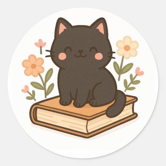 Kawaii Black Cat on Book – Cozy Sticker (Devant)