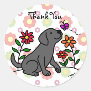 Kawaii Black Labrador Cartoon Floral Ronde Sticker