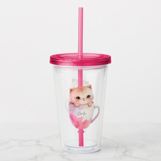 Kawaii Blushing Pink Chibi Cat Acryl Drinkbeker (Voorkant)