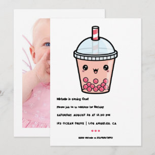 Kawaii Boba Tea Eerste Verjaardagsfeest Foto Kaart