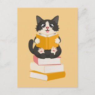 Kawaii Boekliefhebber Eenvoudige Cartoon Kat Lezer Briefkaart