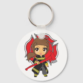 Kawaii Brunette Firefighter Girl Sleutelhanger