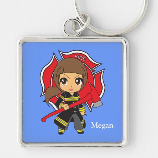 Kawaii Brunette Firefighter Girl Sleutelhanger (Voorkant)
