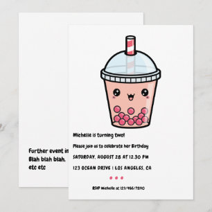 Kawaii Bubble Tea Birthday Party Invitation Kaart