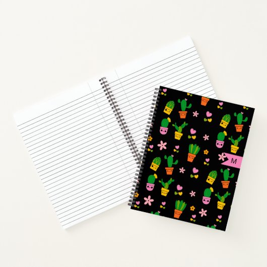 Kawaii Cactus Monogram Zwarte Spiraal Notebook Notitieboek (Binnen)