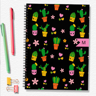 Kawaii Cactus Monogram Zwarte Spiraal Notebook Notitieboek