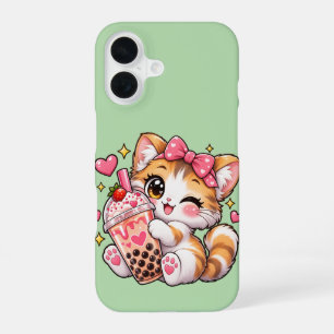 Kawaii Calico Kat Boba Thee Knipogende Aardbei Mun iPhone 16 Hoesje