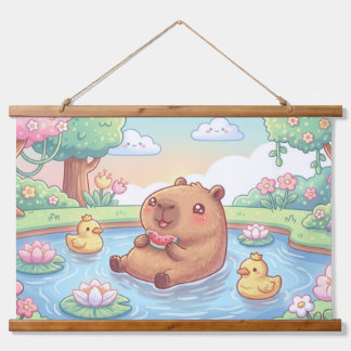 Kawaii capy in een vijver hangend wandkleed