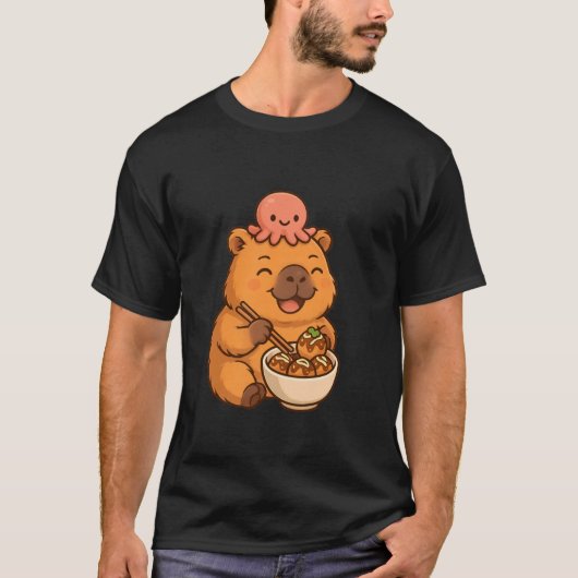Kawaii Capybara with Octopus Eating Takoyaki Japan T-shirt (Voorkant)