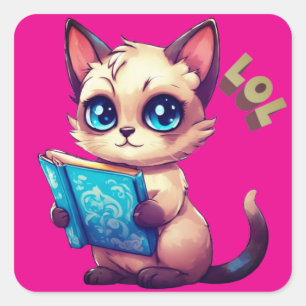 Kawaii cartoon kat het lezen van een boek vierkante sticker