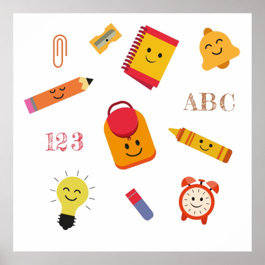 Kawaii Cartoon School Supplies Classroom Poster (Devant)