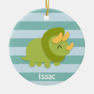 Kawaii cartoon van groene en gele Triceratops Keramisch Ornament