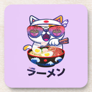 Kawaii Cat Eating Ramen – Schattigee Japanse noede Bier Onderzetter