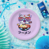 Kawaii Cat Eating Ramen – Schattigee Japanse noede Papieren Bordje (Feest)