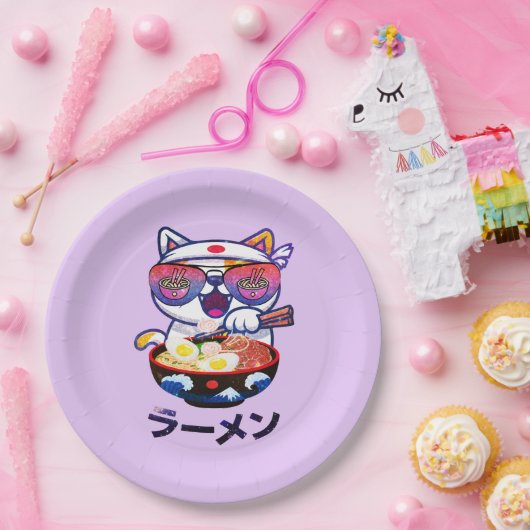 Kawaii Cat Eating Ramen – Schattigee Japanse noede Papieren Bordje (Feest)