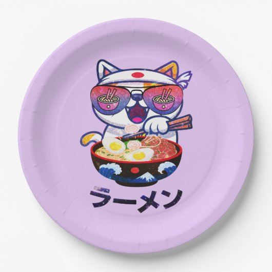 Kawaii Cat Eating Ramen – Schattigee Japanse noede Papieren Bordje (Voorkant)