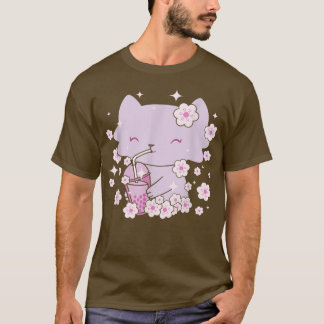 Kawaii Cat met Bubble Tea en Boba tea en Sakura T-shirt