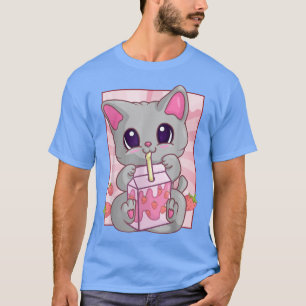 Kawaii Cat Strawberry Milkshake for Women Girls, M T-shirt