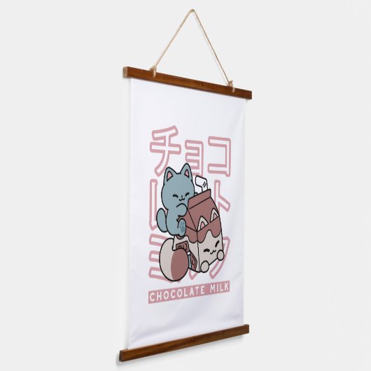 Kawaii Cat with Chocolate Milk – Japanese Pop Art  Hangend Wandkleed (Gebogen)