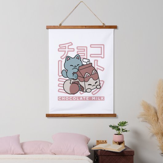 Kawaii Cat with Chocolate Milk – Japanese Pop Art Hangend Wandkleed (Slaapkamer)