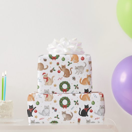 Kawaii Cats & Christmas Decorations Wrapping Paper Cadeaupapier (Feestgeschenken)