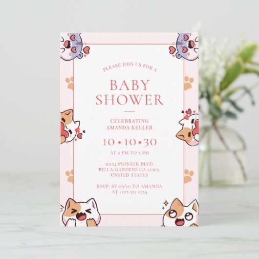 Kawaii Cats Roze Baby shower Uitnodiging (Staand voorkant)