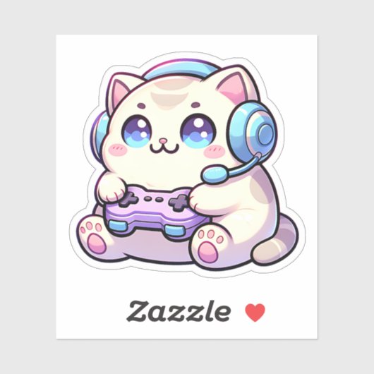 Kawaii Chat avec contrôleur de jeu Sticker Pastel (Feuille)