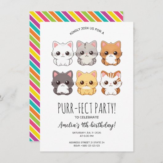 kawaii Chats Invitation de fête d'anniversaire pou (Devant / Derrière)